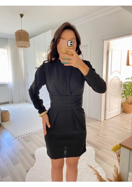 Runiquehome Kadın Uzun Kollu Bisiklet Yaka Bel Kemer Detay Ithal Krep Elbise