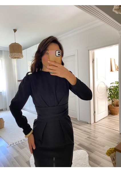 Runiquehome Kadın Uzun Kollu Bisiklet Yaka Bel Kemer Detay Ithal Krep Elbise