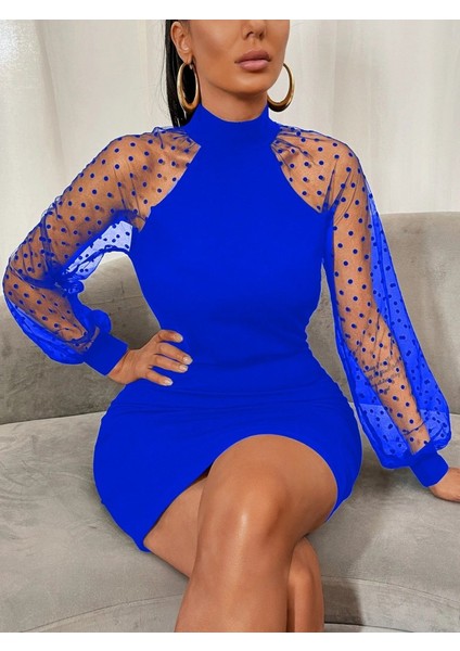 Runiquehome Kadın Uzun Kollu Kollar Tül Puantiye Detay Dalgıç Mini Boy Elbise modelleri