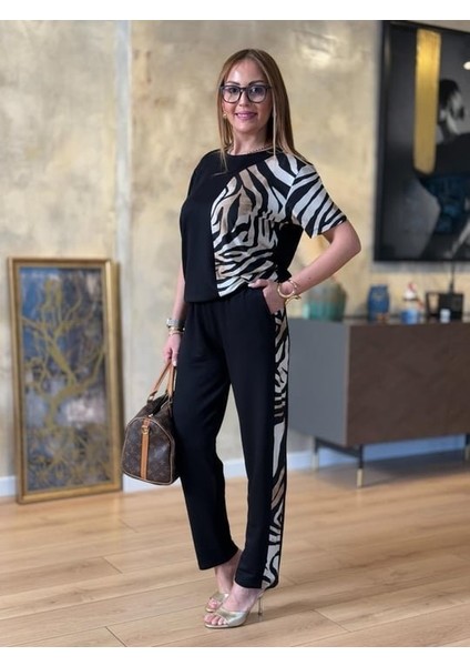 Runiquehome Kadın Bisiklet Yaka Kısa Kol Leopar Desen Bluz ve Pantolon Ikili Takım