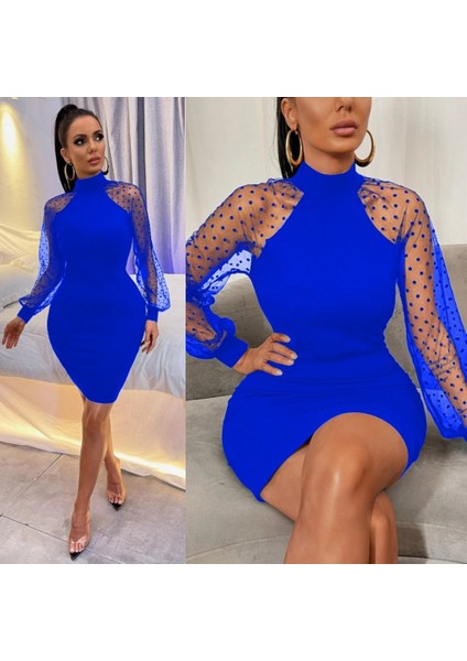 Runiquehome Kadın Uzun Kollu Kollar Tül Puantiye Detay Dalgıç Mini Boy Elbise