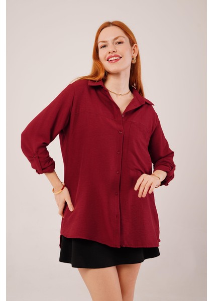 Runiquehome Salaş Kesim Cepli Bordo Gömlek