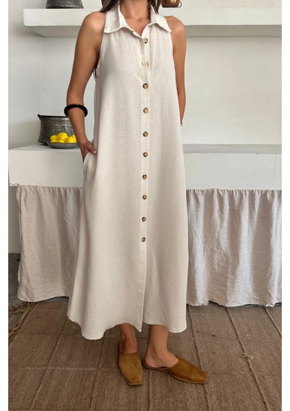Runiquehome Keten Önden Düğmeli Kolsuz Gömlek Yaka Elbise - Beyaz fiyatları