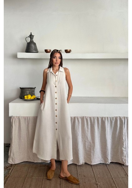 Runiquehome Keten Önden Düğmeli Kolsuz Gömlek Yaka Elbise - Beyaz modelleri