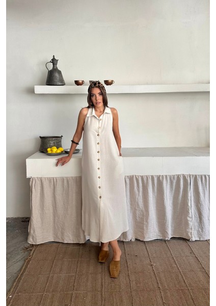 Runiquehome Keten Önden Düğmeli Kolsuz Gömlek Yaka Elbise - Beyaz fırsatları
