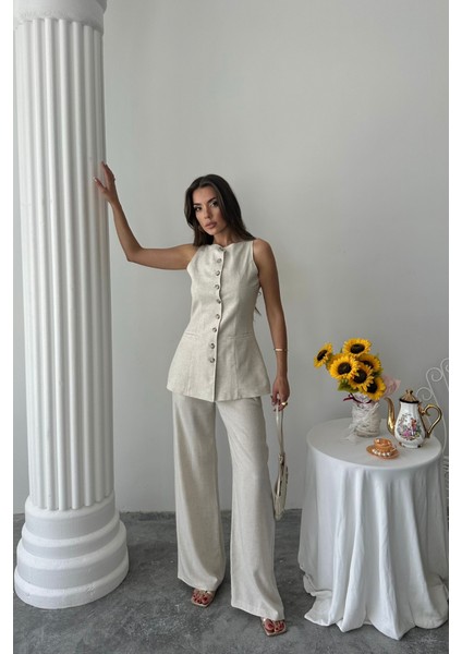 Runiquehome Keten Yelek - Pantolon Takım - Taş