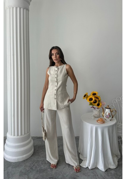 Runiquehome Keten Yelek - Pantolon Takım - Taş fırsatları