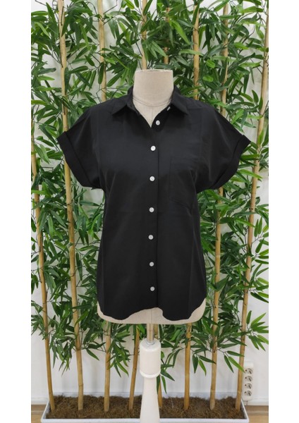 Runiquehome Kadın Kısa Kollu V Yakalı Önden Düğmeli Dokuma Gömlek