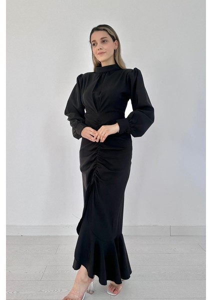 Runiquehome Siyah Volanlı Uzun Kol Elbise