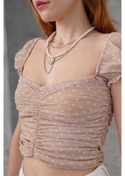 Runiquehome Puantiyeli Belden Oturtmalı Tül Krem Bluz