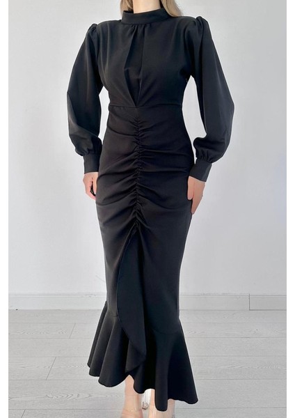 Runiquehome Siyah Volanlı Uzun Kol Elbise