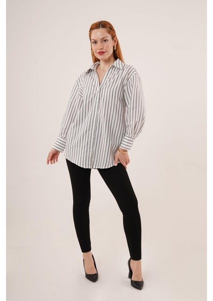 Runiquehome Çift Çizgi Geçişli Düğmeli Gri Gömlek