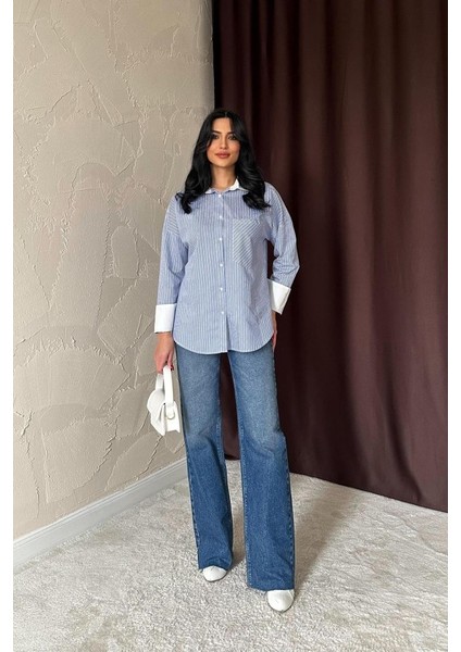 Runiquehome Mavi Çizgili Poplin Uzun Kol Gömlek