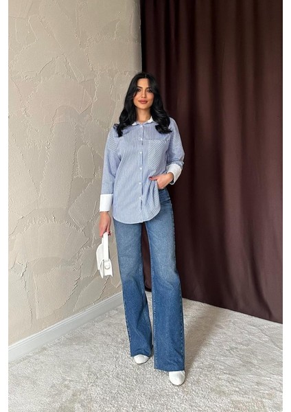 Runiquehome Mavi Çizgili Poplin Uzun Kol Gömlek fiyatları