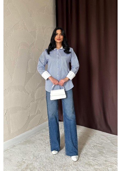 Runiquehome Mavi Çizgili Poplin Uzun Kol Gömlek modelleri