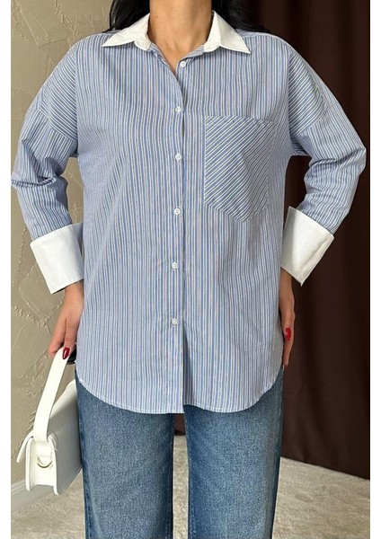 Runiquehome Mavi Çizgili Poplin Uzun Kol Gömlek fırsatları