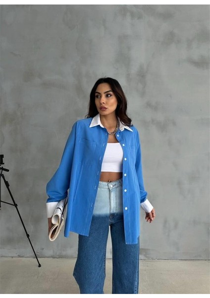 Runiquehome Kol ve Manşet Beyaz Kapalı Pile Detaylı Gömlek - Mavi