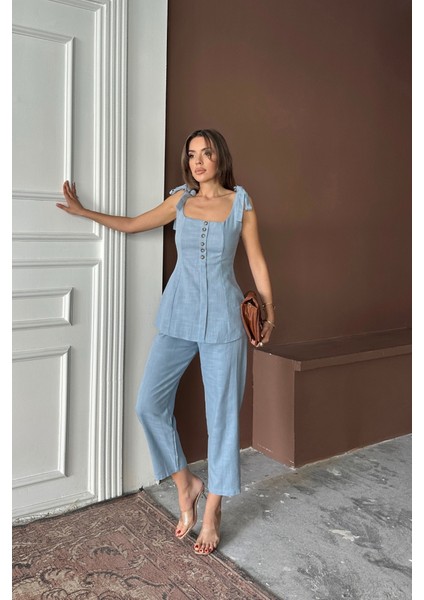 Runiquehome Şantuk Keten Yelek Görünümlüaskılı Bluz - Pantolon Tk - Mavi