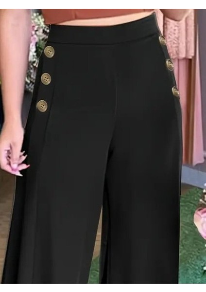 Runiquehome Kadın Yüksek Bel Yan Düğme Detaylı Geniş Paçalı Ithal Krep Pantolon fiyatları