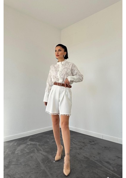 Runiquehome Ekru Dantelli Gömlek ve Ponpolu Şort Takım