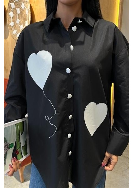 Runiquehome Kalp Nakışlı ve Düğme Detaylı Oversize Gömlek 3430 fiyatları