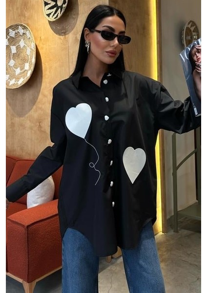 Runiquehome Kalp Nakışlı ve Düğme Detaylı Oversize Gömlek 3430