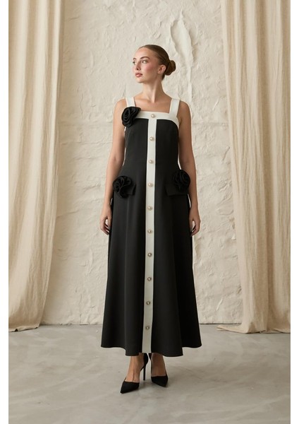 Runiquehome Siyah Güllü Askılı Elbise