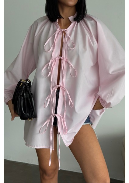 Runiquehome Gömlek Poplin Hakim Yaka Önden Bağlama Ip Detaylı - Pembe fiyatları