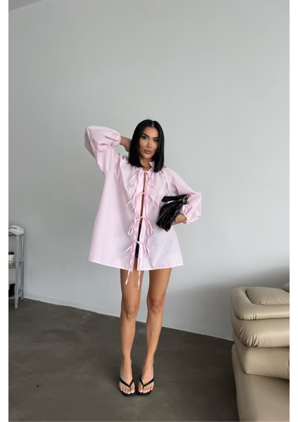 Runiquehome Gömlek Poplin Hakim Yaka Önden Bağlama Ip Detaylı - Pembe fırsatları