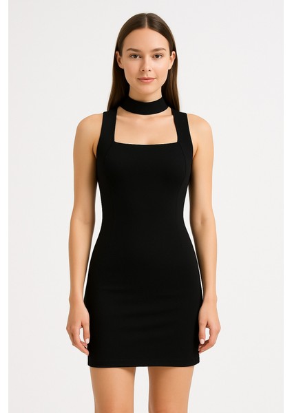 Runiquehome Kadın Kare Yaka Kolsuz Sandy Kumaş Fırsat Ürün Diz Üstü Elbise