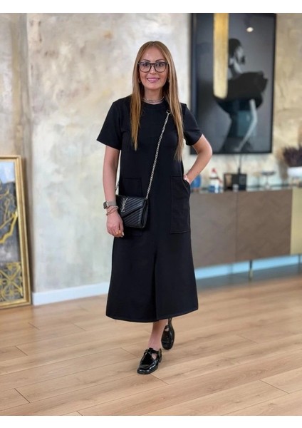 Runiquehome Kadın Kısa Kollu Bisiklet Yakalı Cepli Önden Yırtmaçlı Viskon Iki Iplik Midi Elbise fiyatları