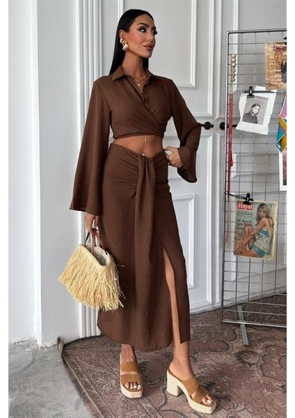 Runiquehome Crop Gömlekli ve Eteği Büzgülü Tasarım Takım 10195