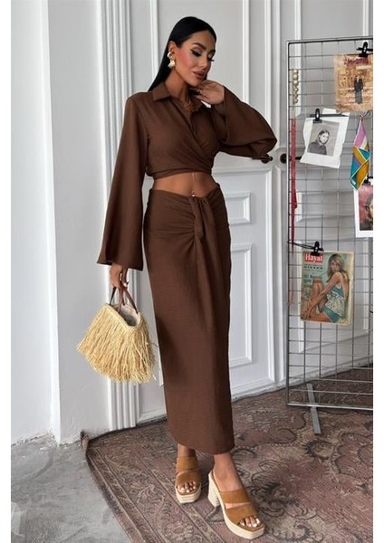 Runiquehome Crop Gömlekli ve Eteği Büzgülü Tasarım Takım 10195