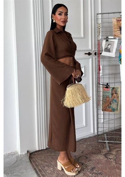 Runiquehome Crop Gömlekli ve Eteği Büzgülü Tasarım Takım 10195