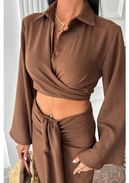 Runiquehome Crop Gömlekli ve Eteği Büzgülü Tasarım Takım 10195