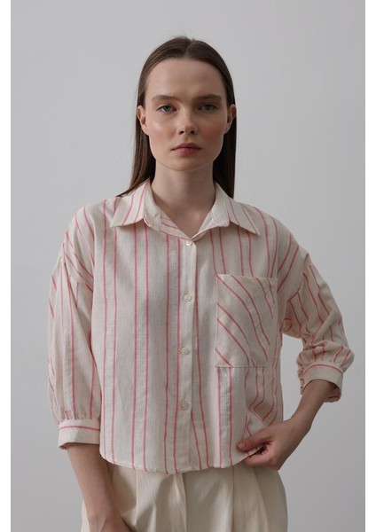 Runiquehome Çizgili Kısa Gömlek - Bej Pembe modelleri