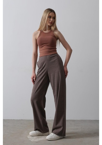 Runiquehome Beli Yarım Lastikli Palazzo Pantolon - Kahve