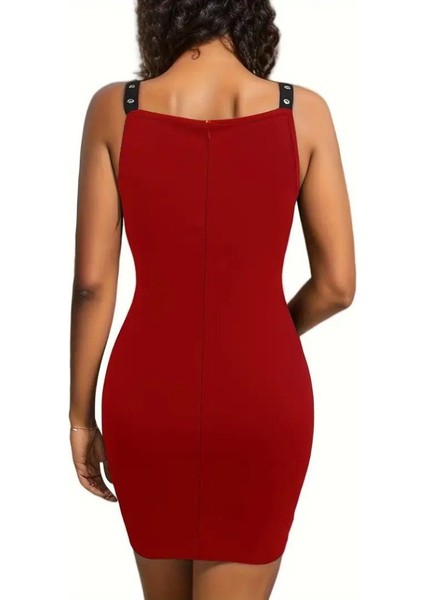 Runiquehome Kadın Askılı Derin V Yakalı Kuş Gözü Detaylı Janjan Krep Elbise fiyatları