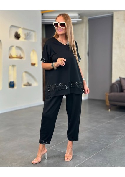 Runiquehome Kadın Kısa Kollu V Yakalı Pul Payetli Viskon Iki Iplik Bluz ve Pantolon Ikili Takım fiyatları