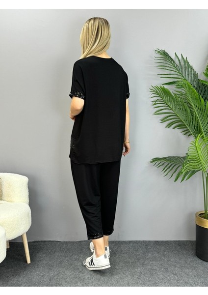 Runiquehome Kadın Kısa Kollu V Yakalı Pul Payetli Viskon Iki Iplik Bluz ve Pantolon Ikili Takım