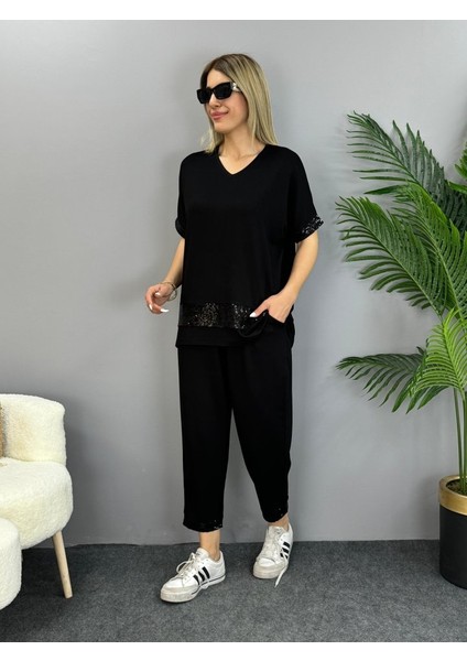Runiquehome Kadın Kısa Kollu V Yakalı Pul Payetli Viskon Iki Iplik Bluz ve Pantolon Ikili Takım
