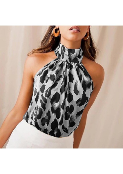 Runiquehome Kadın Halter Yaka Leopar Desenli Mikro Kumaş Bluz
