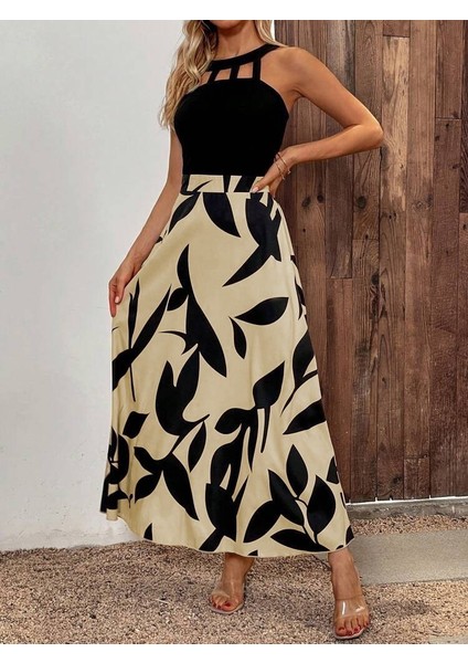 Runiquehome Kadın Sıfır Kollu Yakadan Şeritli Omuzlardan Açık Janjan Krep Desenli Al Dalgıç Maxi Elbise fiyatları