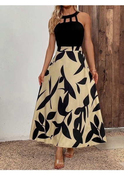 Runiquehome Kadın Sıfır Kollu Yakadan Şeritli Omuzlardan Açık Janjan Krep Desenli Al Dalgıç Maxi Elbise fırsatları