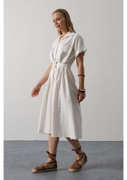 Runiquehome Kuşaklı Cep Detaylı Yarım Kol Elbise - Beyaz