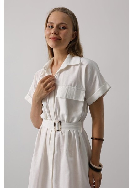 Runiquehome Kuşaklı Cep Detaylı Yarım Kol Elbise - Beyaz modelleri