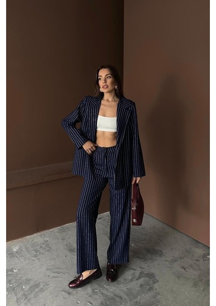 Runiquehome Lacivert Çizgili Ceket ve Pantolon Takım