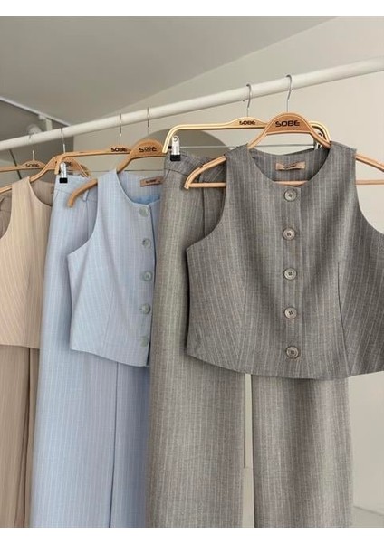 Runiquehome Yelek Plazzo Pantolon Çizgili Flamlı Poliviscon Takım 10178