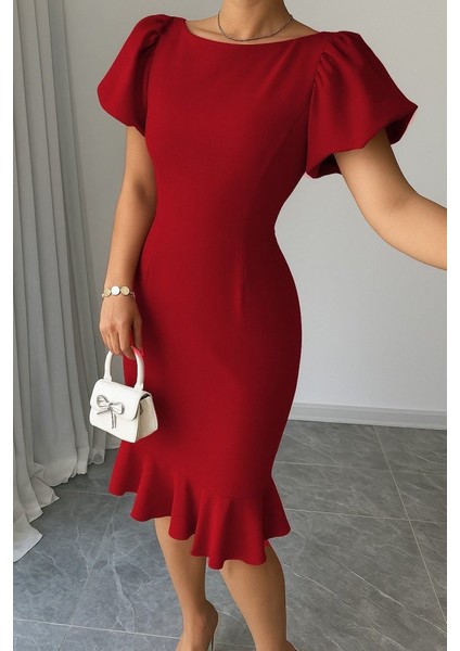 Runiquehome Kadın Kısa Kollu Yuvarlak Yaka Pileli Janjan Krep Elbise fiyatları