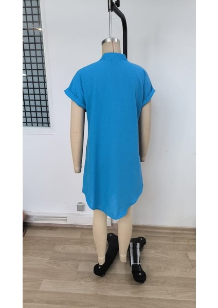 Runiquehome Kadın Kısa Kollu Önden Düğmeli Ithal Keten Elbise